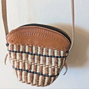 Stylish Tan and Brown Woven Sisal And Leather Crossbody Bag